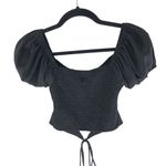 Princess Polly Womens Crop Top Tie Front Wrap Smocked Puff Sleeve Black 0 Photo 3