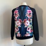 Bomber Jacket Womens Sz Large Pink Black Blue Floral Print Full Zip Photo 4