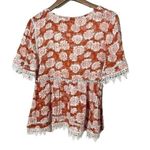 Love Culture  Blouse Orange White Floral Laced Trim Size Large Photo 5