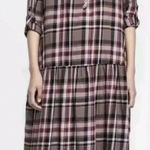 ZARA  Tan Brown Red Check Plaid Oversized Midi Dress - Pockets Roll Tab Sleeves L Photo 0