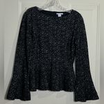 H&M  Black White Speckled Peplum Top Long Bell Sleeve Women’s Size S Photo 0