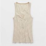 Aerie  Henley No BS Tank Top Tan White Stripe Size Medium Photo 1