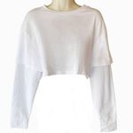 ZARA  Layered White Cropped T Shirt w/ Long Blue Striped Sleeves ~ Ladies SMALL Photo 1