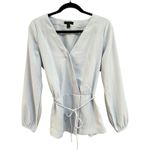 J.Crew  Light Blue Faux Wrap Tie Waist Long Sleeve Crepe Blouse Top Shirt 4 Tall Photo 1
