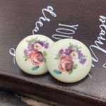 Vintage 1960s Red Blue Rose Floral Print Large West Germany Clip Boho Earrings White Photo 0