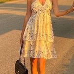 LaRok 100% Silk Cream Dress with Black Floral Details in Size Small Photo 2