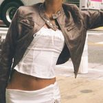 LIONESS Urban Outfitters L Bella Faux Leather Crop Moto Jacket Brown Distressed Photo 14