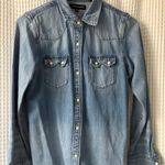 Lucky Brand  distressed cotton denim raw hem Western snap shirt women's XS Photo 0