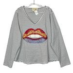 Savanna Jane 1X Striped Embroidered Multicolor Red Lips Mouth Long Sleeve V Photo 0