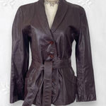 Casual Corner VTG 90s Maroon Burgundy Brown Leather Belted Tailored Jacket S / M Photo 1