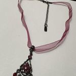 Signed 1928 (Brand) Gunmetal Tone Red & Pink Rhinestone With Ribbon Necklace Photo 2