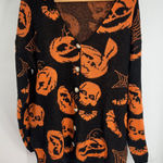 Womens L Halloween Pumpkin Skull Bat Print Button Up Cardigan Sweater Black Size L Photo 0