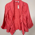 Chico's 100% Linen Ruched Coral Pink Open Cardigan Size Large Casual Lightweight Photo 0