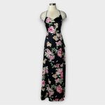 Lulus ‎ XS Black Floral Satin Slip Maxi Dress Cowl Neck Criss Cross Back Photo 2