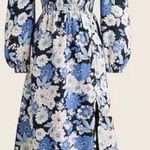 J.Crew Linen Daydream Midi Dress Large Zinnia Floral Blue Smocked Puff Sleeve Photo 1