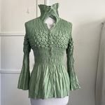 Jerry T Y2K Crinkle Bubble Popcorn Top Shirt Sage Green Smocked Peplum Flare S Photo 3