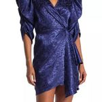 Ronny Kobo Women’s Amara Medieval Blue Floral Puff Sleeve Wrap Mini Dress Large Photo 10