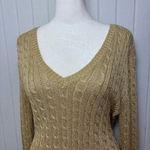 Ralph Lauren Lauren  Gold Metallic Silk Blend V-Neck Cable-knit Sweater Size L Photo 4