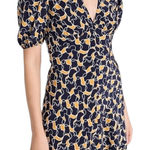 STAUD  Mini Milla V-Neck Dress in Navy Yellow Abstract Wave Print Women’s sz 10 Photo 0