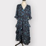 Topshop  Black Blue Stars Celestial Ruffle Midi Dress Women's Size 4 NWT Photo 2