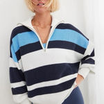 Aerie Beyond Quarter Zip Blue White Stripes Oversized Sweater Size S Photo 0