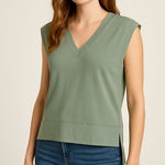 Athleta Women's Sleeveless V Neck Tunic Sweatshirt Top Sage Green Cotton Blend M Photo 0