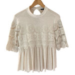 American Eagle  Linen Blend Cottage Core Cream Crochet Overlay Keyhole Back Top Photo 0