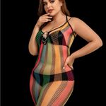 Plus Size Sexy Lingerie Dress ‎ Rainbow Striped Ring Decor Halter Neck Slim Fit Photo 10