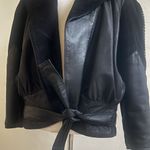 LA JOANNE Leather & Suede Vintage Moto Jacket Black Size Small Puff Sleeve Belt Photo 2
