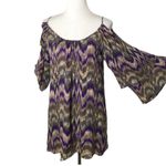 Parker  Silk Blouse or Mini Dress Size L Purple Chevron Bell Flare Sleeve Cut Out Photo 4