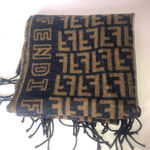 Fendi  Navy Blue Tan Wool Silk Scarf with Decorative Tassels Photo 10