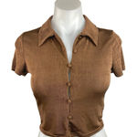 H&M Brown Collared Knit Short Sleeve Button Up Shirt Crop Polo Blouse Top Size S Photo 0
