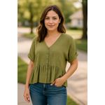 Blu Pepper  Olive Green Button Front Peplum Top Women's L Photo 3