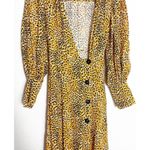 Ganni  Leopard Print Plunge Midi Dress Crepe Yellow Animal Print Long Sleeve Photo 6