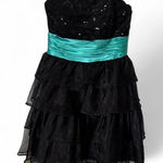 David's Bridal  Black Teal Strapless Tiered Ruffle Sequin Dress Size 12 Photo 0