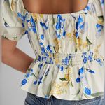 EXPRESS  Floral Square Neck Puff Sleeve‎ Peplum Top Blouse Blue Yellow Size Large Photo 4