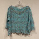 Modaposa Shirt Womens Small Turquoise Embroidered Beaded Boho Peasant Ruffle Blue Photo 1