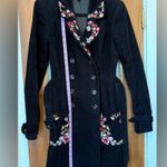 Betsey Johnson  Black Corduroy Lined Belted Embroid Double Breasted Trench Coat Photo 5