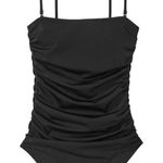 None Solid Black Ruched Square Neck Cheeky One-Piece Swimsuit Size Medium Photo 0