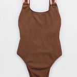 Aerie Crinkle Birthday Scoop Cheekiest One Piece Swimsuit NWT Brown Pink Photo 1