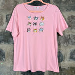 Quacker Factory Pink Tee Shirt Cat Faces Embellished Women's Medium Rhinestone Photo 0