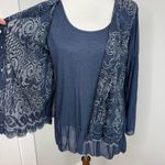 Belle France Blue Long Sleeve Silk Blouse Silver Embroidered Tunic Top Small Photo 4