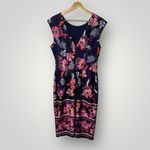 Eliza J  Floral Scuba Sheath Dress Navy Pink Size 10 V-Neck‎ Cap Sleeve Stretch Photo 7