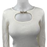 T Tahari NEW Ivory Boat Neck Gold Metal Chain Rib Knit 3/4 Sleeve Cutout Top S Photo 2