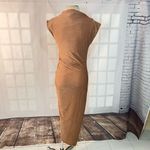 Dress Forum  Tan Metallic Glitter High Neck Ruched Slit Bodycon Midi Dress Small Photo 7