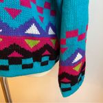 Vintage 80s Gitano Geometric Print Sweater Colorful Boxy Aqua Blue Check Medium Photo 2