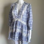 Free People  Boho Lace Crotchet Plaid Puff Sleeve Top Photo 2