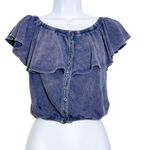 Free People  We The Free Love Letter Off Shoulder Ruffle Top Stone Washed Blue XS Photo 1