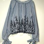 ZARA  Trafaluc Blue Striped Eyelet Embroidered Tie Sleeve Top Blouse Size S Boho Photo 6