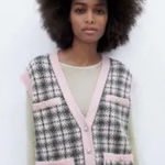ZARA  Pink Green Plaid Knot Vest Pearl Buttons Small Preppy Photo 0